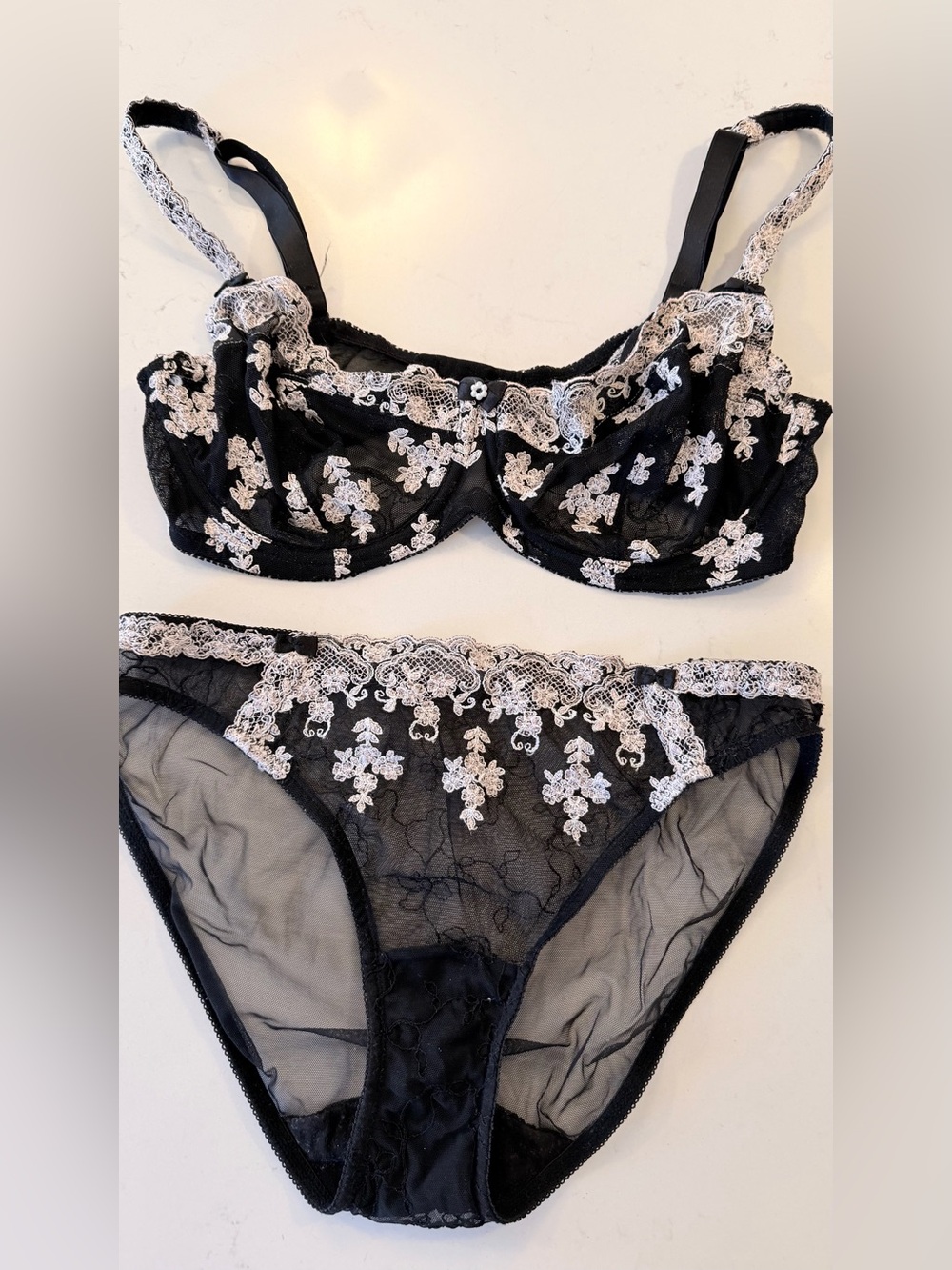Felina Sheer Lace Embroidered Underwire Bra & Panty Set - Black & Cream